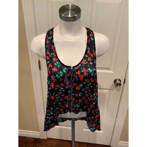Free People Navy Blue W/ Red Floral Pattern Tank Top, W/ Lace Panel, Size Small